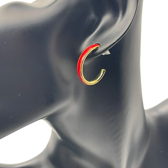 **Red and Gold Tone Enamel C Hoop Earrings - Picture 1 of 10